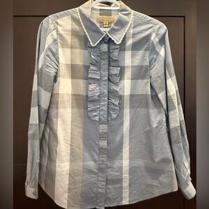 Burberry Blue Plaid Long Sleeve Button Up Ruffle Shirt